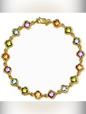 14k gold multi colored faceted gemstones clover motif shaped bracelet bezel set